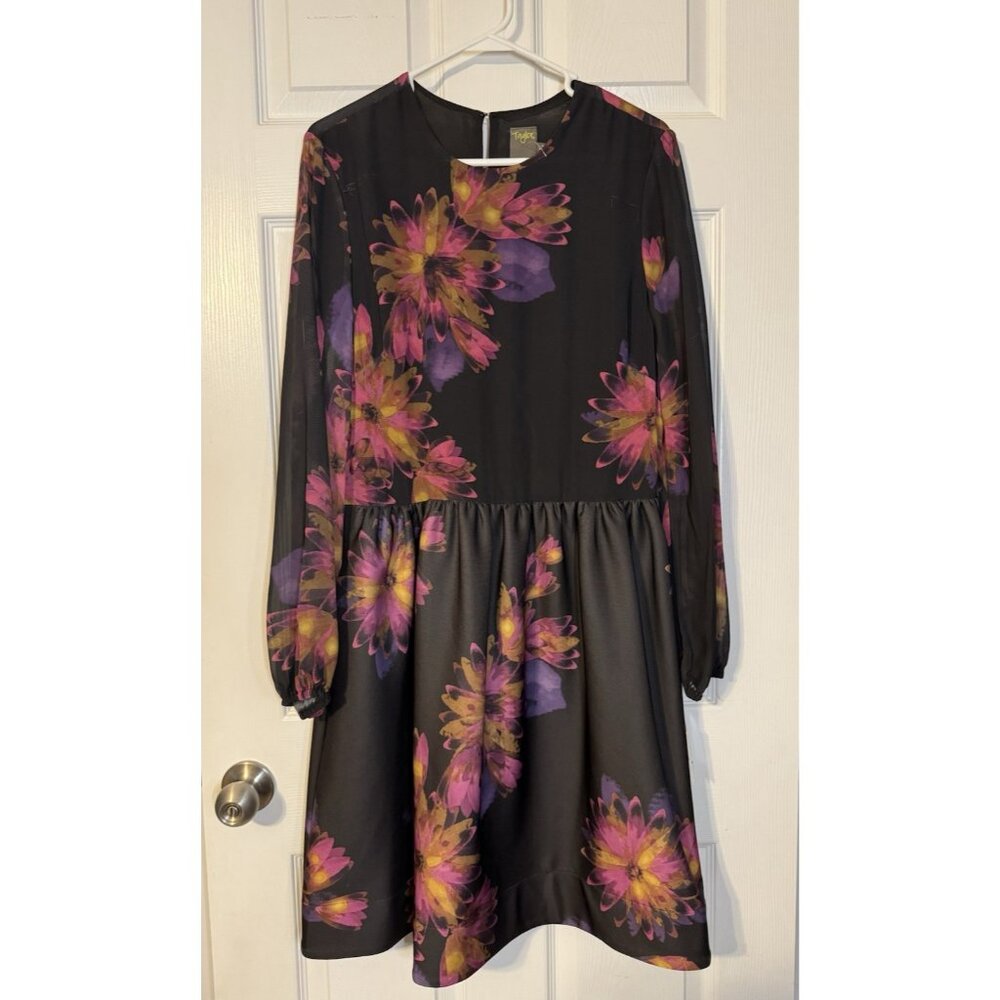 Taylor Dress 12 Black Plum Pink Floral Sheer Long Sleeve A Line Stretch NEW - Picture 6 of 15